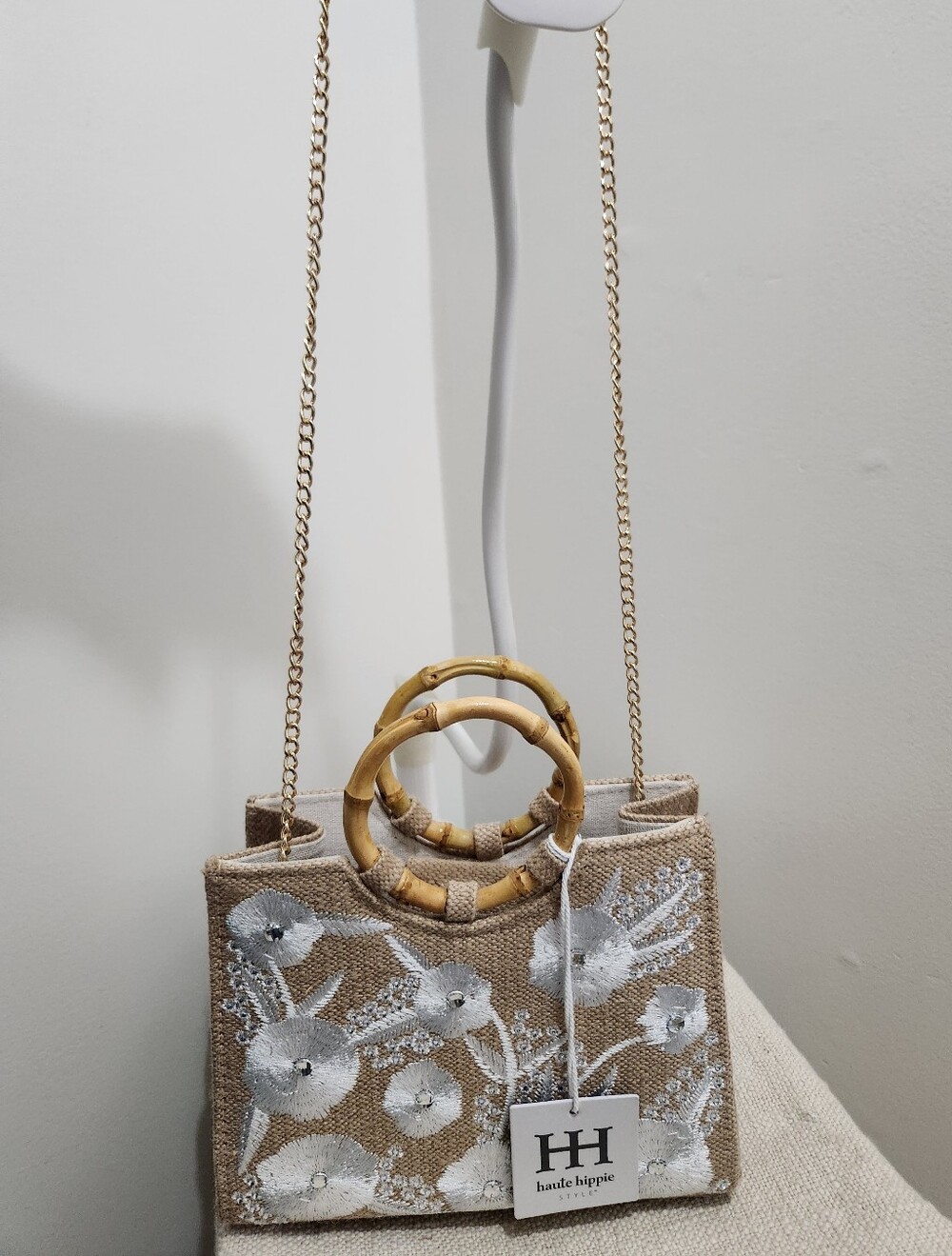 Haute Hippie Beige Tote with White Floral Embroidery & Bamboo Handles!
